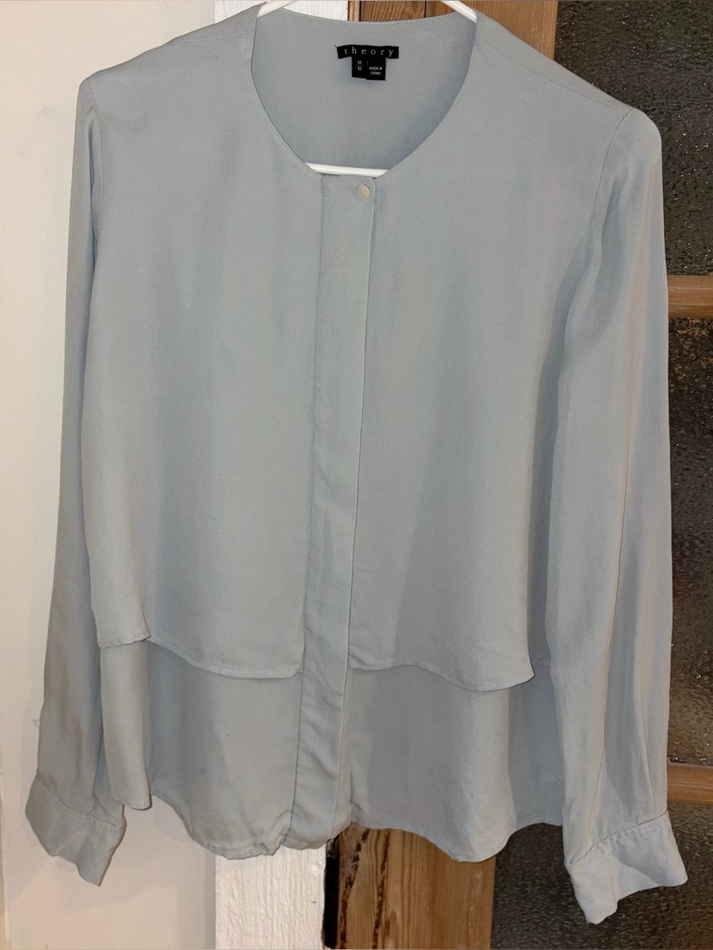 Theory 100% SILK Blouse Light Blue/Gray Size Medium Layered
